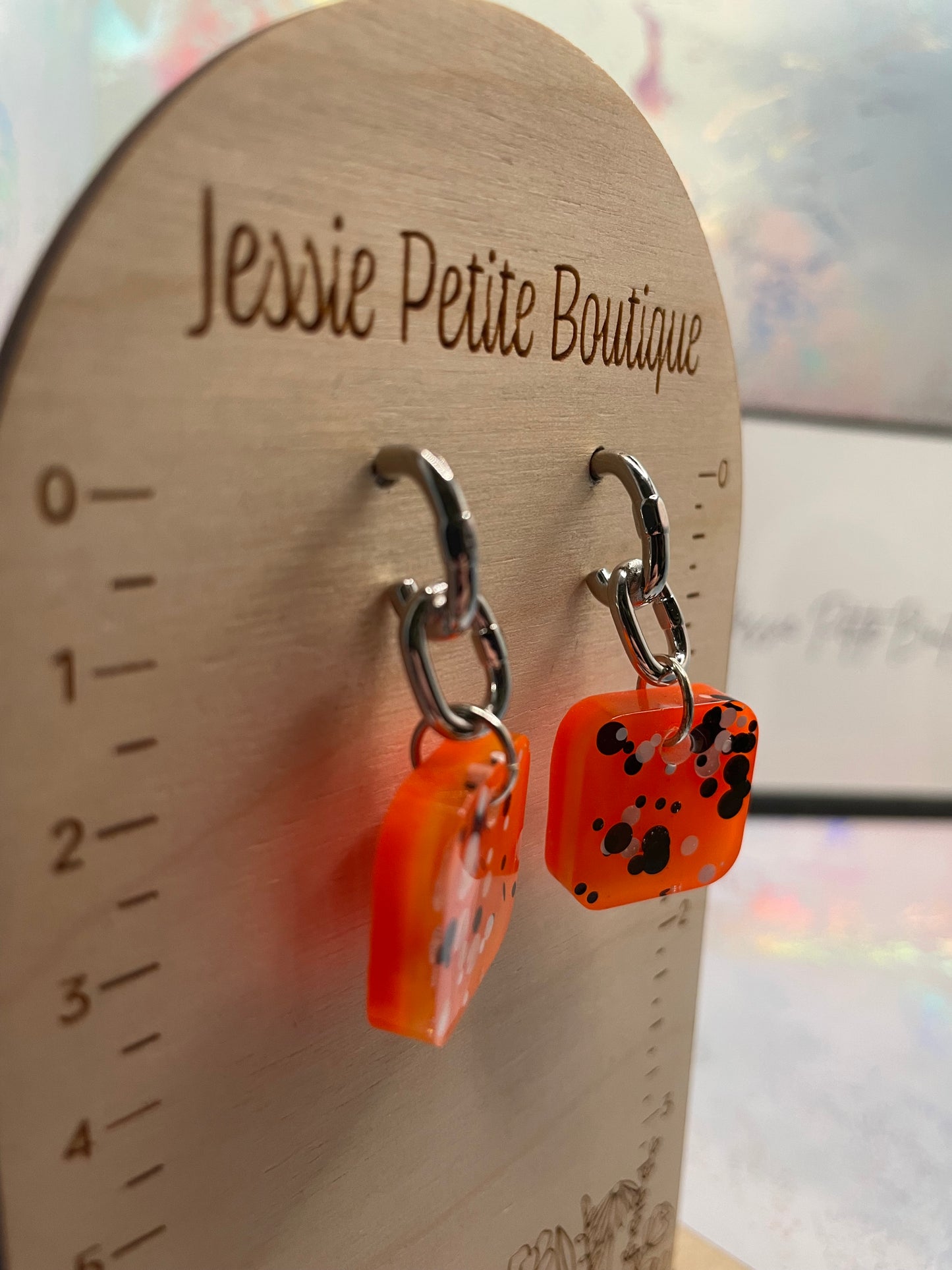 Vibrant Orange Dot Square Earrings- STAINLESS STEEL