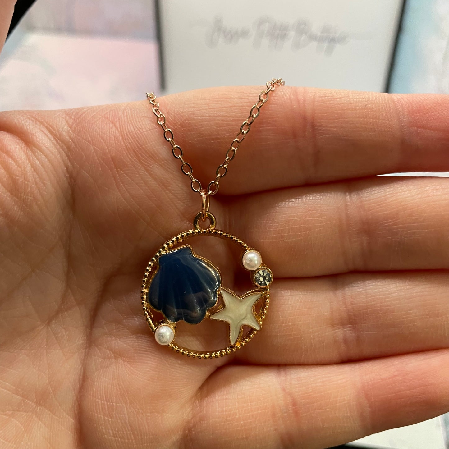 Ensemble Coquillage Bleu avec Perle sur cercle doré-Acier Inoxydable