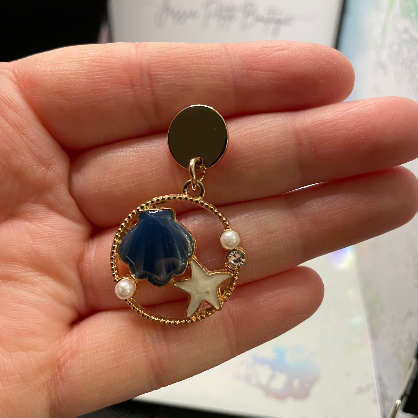 Ensemble Coquillage Bleu avec Perle sur cercle doré-Acier Inoxydable