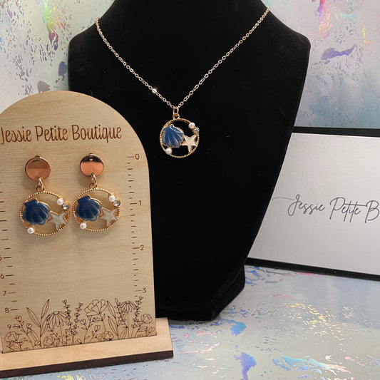 Ensemble Coquillage Bleu avec Perle sur cercle doré-Acier Inoxydable