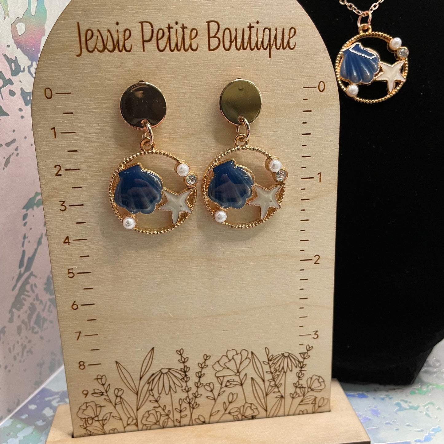 Ensemble Coquillage Bleu avec Perle sur cercle doré-Acier Inoxydable