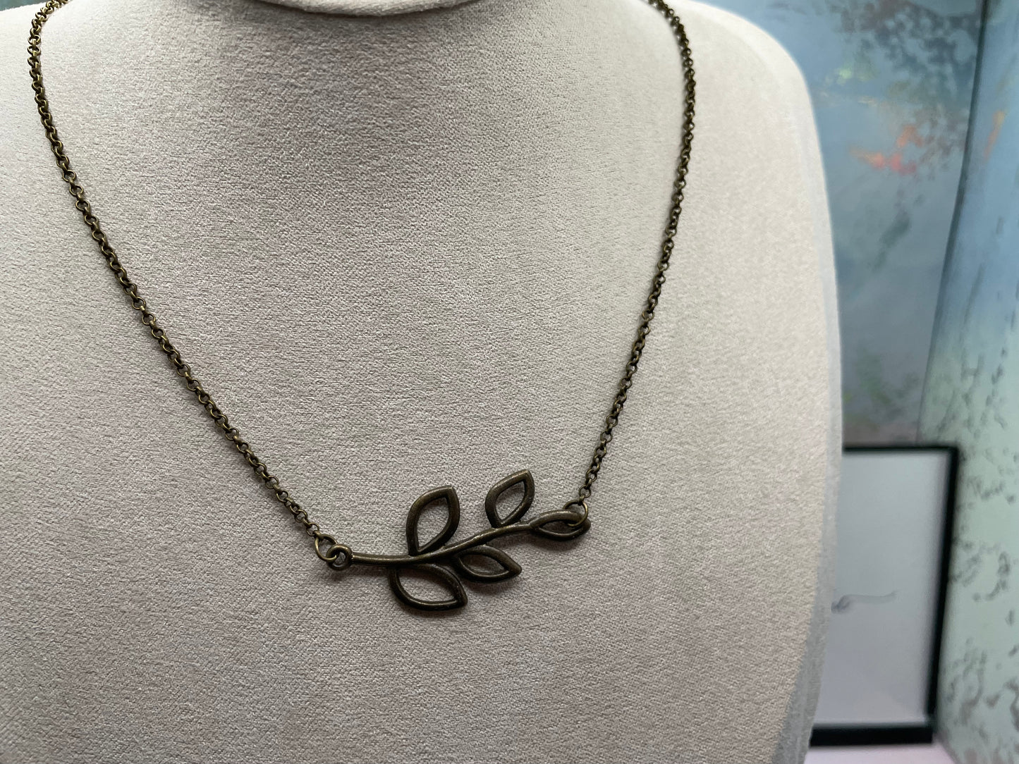 Leaf On A Branch Necklace 19'' Bronze Chain