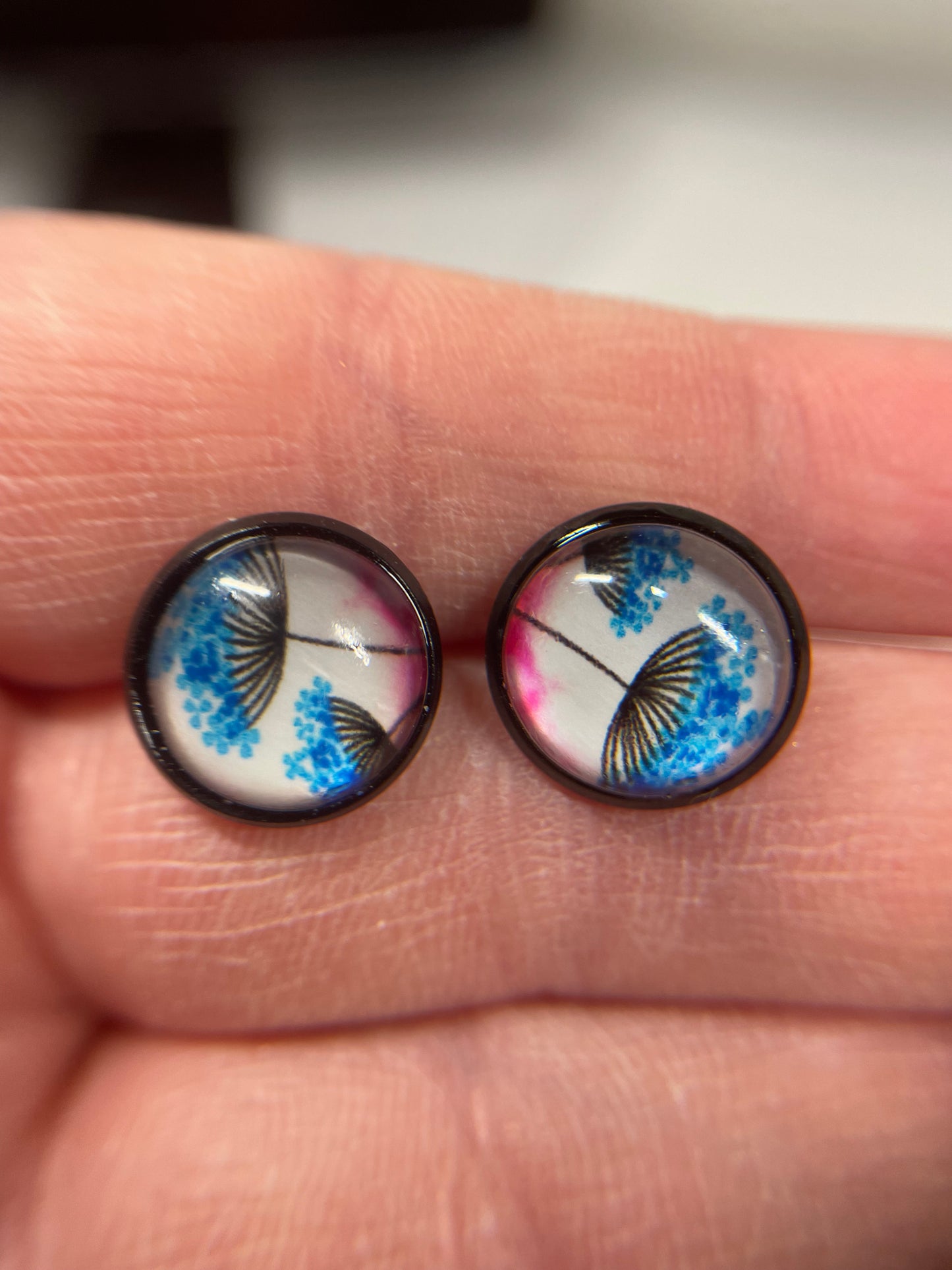 Boutons d'oreille Cabochon Pissenlits Rose/Bleu-Acier Inoxydable