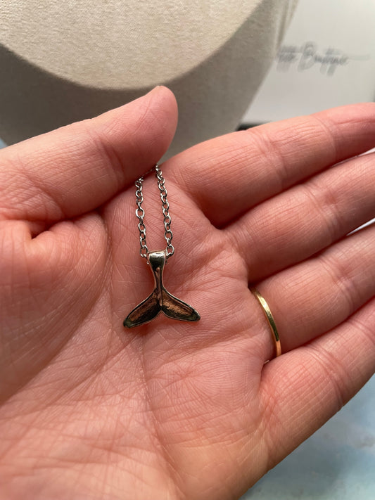 Silver Metal Whale Tail Charm Necklace-STAINLESS STEEL