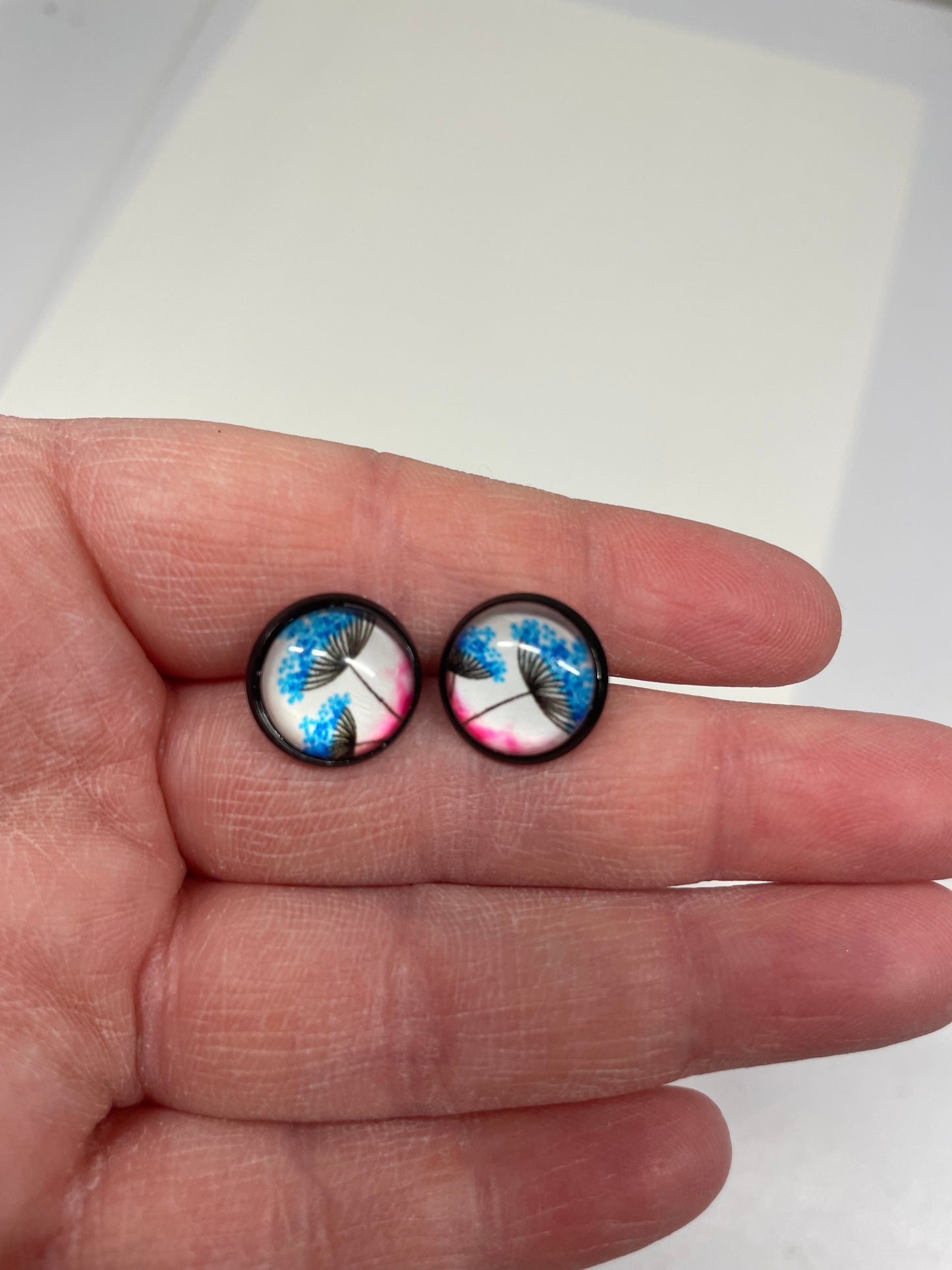 Boutons d'oreille Cabochon Pissenlits Rose/Bleu-Acier Inoxydable