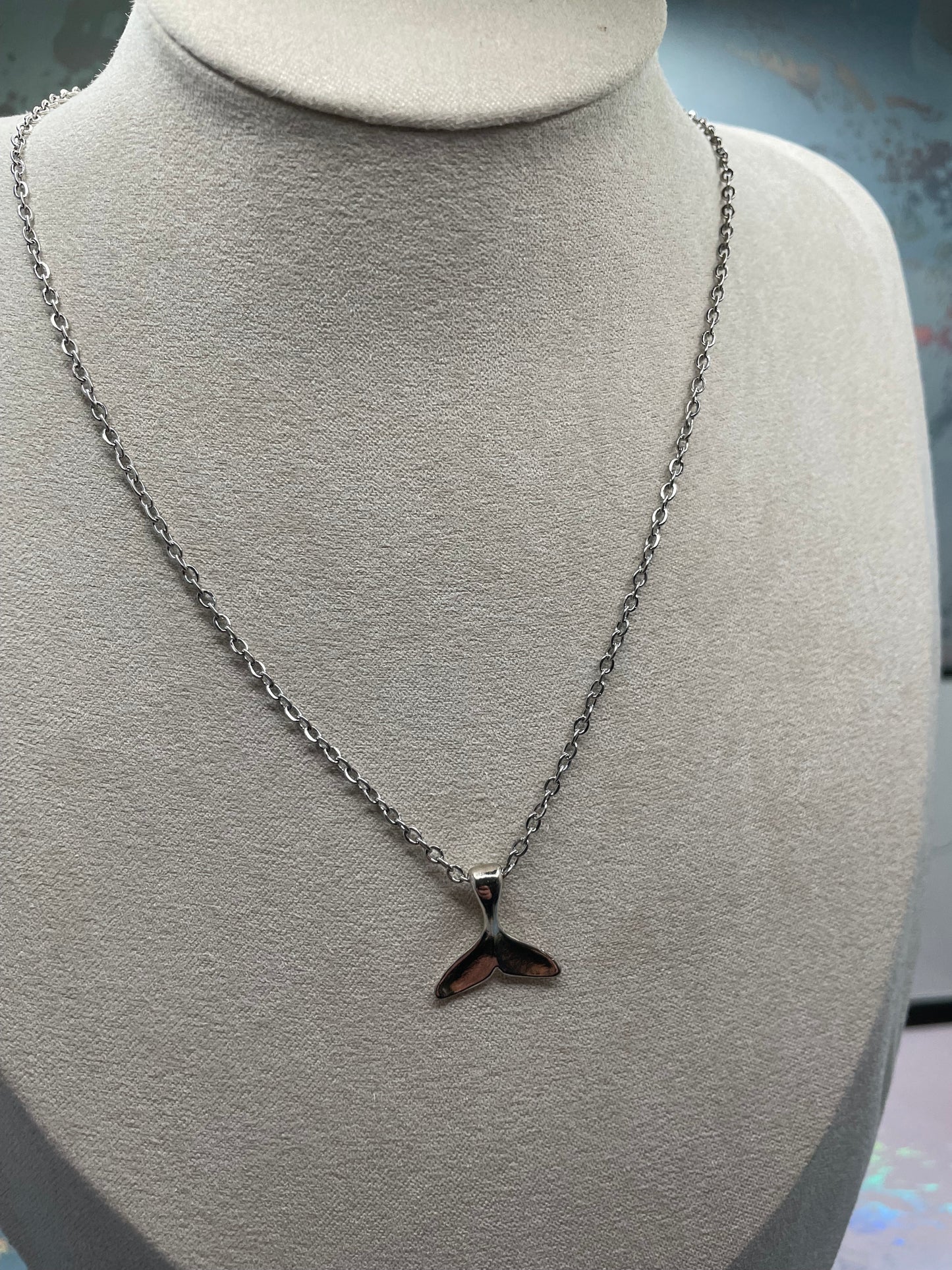 Silver Metal Whale Tail Charm Necklace-STAINLESS STEEL