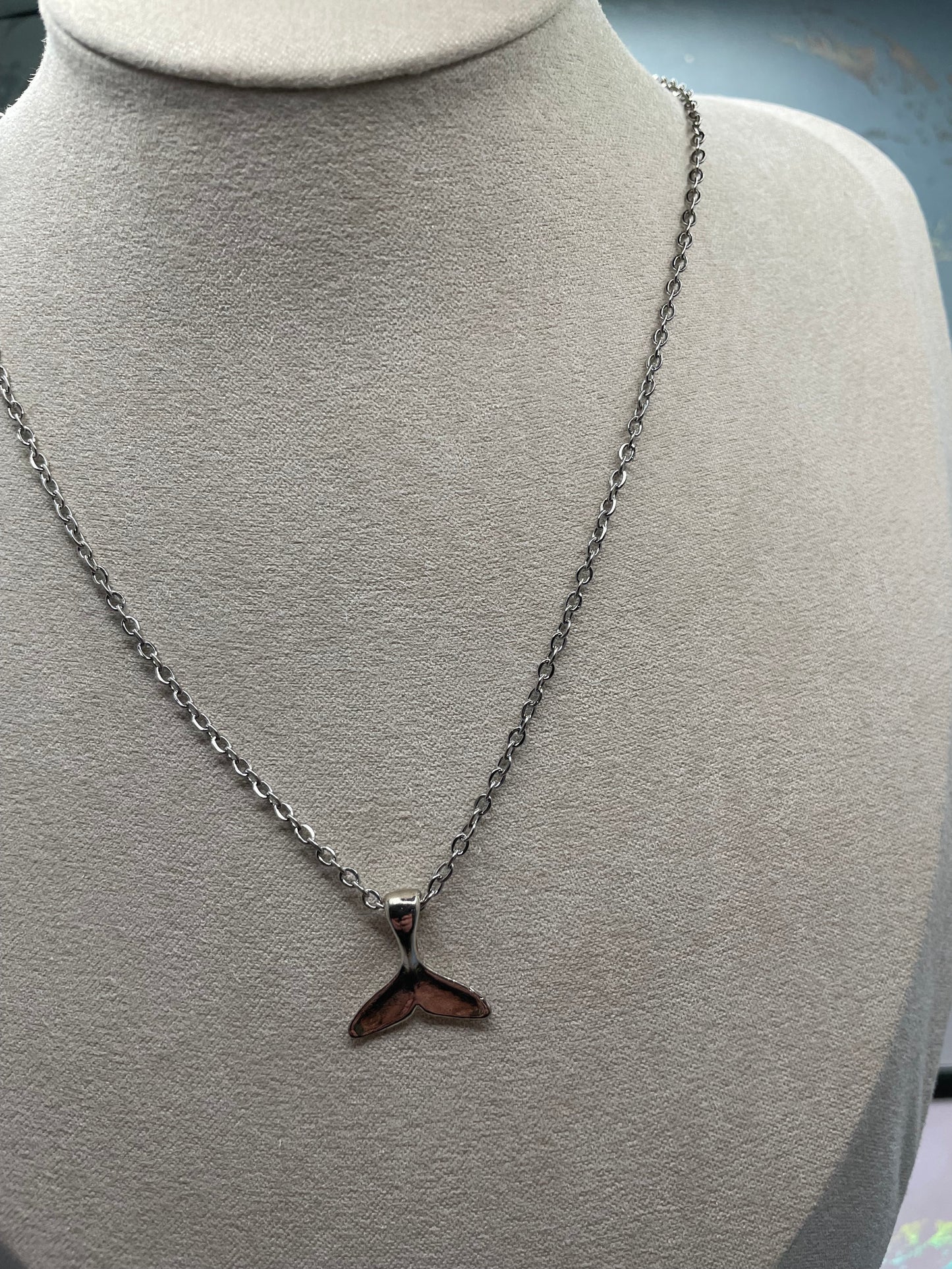 Silver Metal Whale Tail Charm Necklace-STAINLESS STEEL