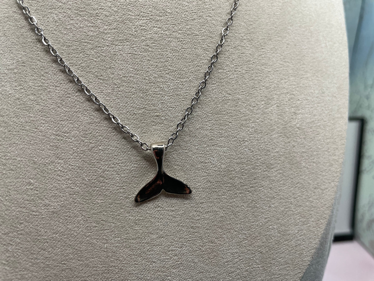 Silver Metal Whale Tail Charm Necklace-STAINLESS STEEL