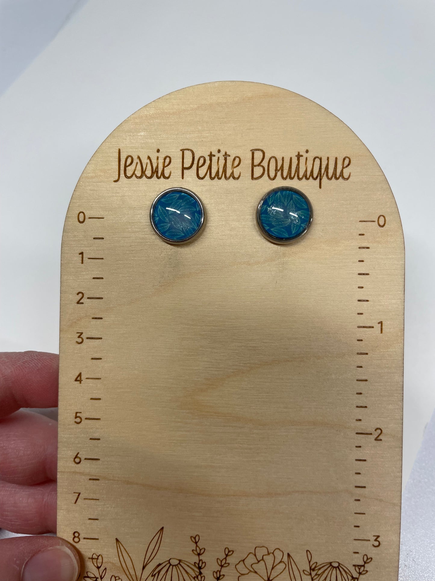 Boutons d'oreilles Cabochon Feuilles Bleues- Acier Inoxydable