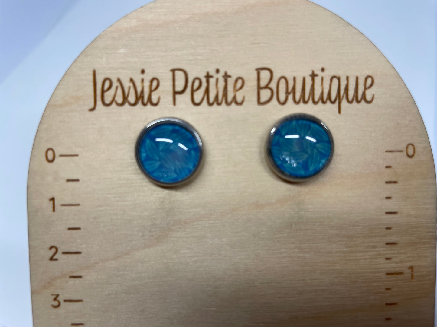 Boutons d'oreilles Cabochon Feuilles Bleues- Acier Inoxydable