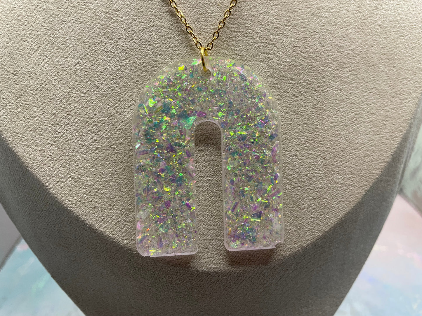 Opal U-Shaped Pendant Necklace-28''gold chain