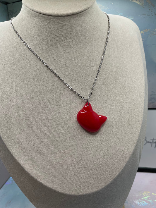Red Cat Face Necklace- 18''NICKEL FREE+STAINLESS STEEL