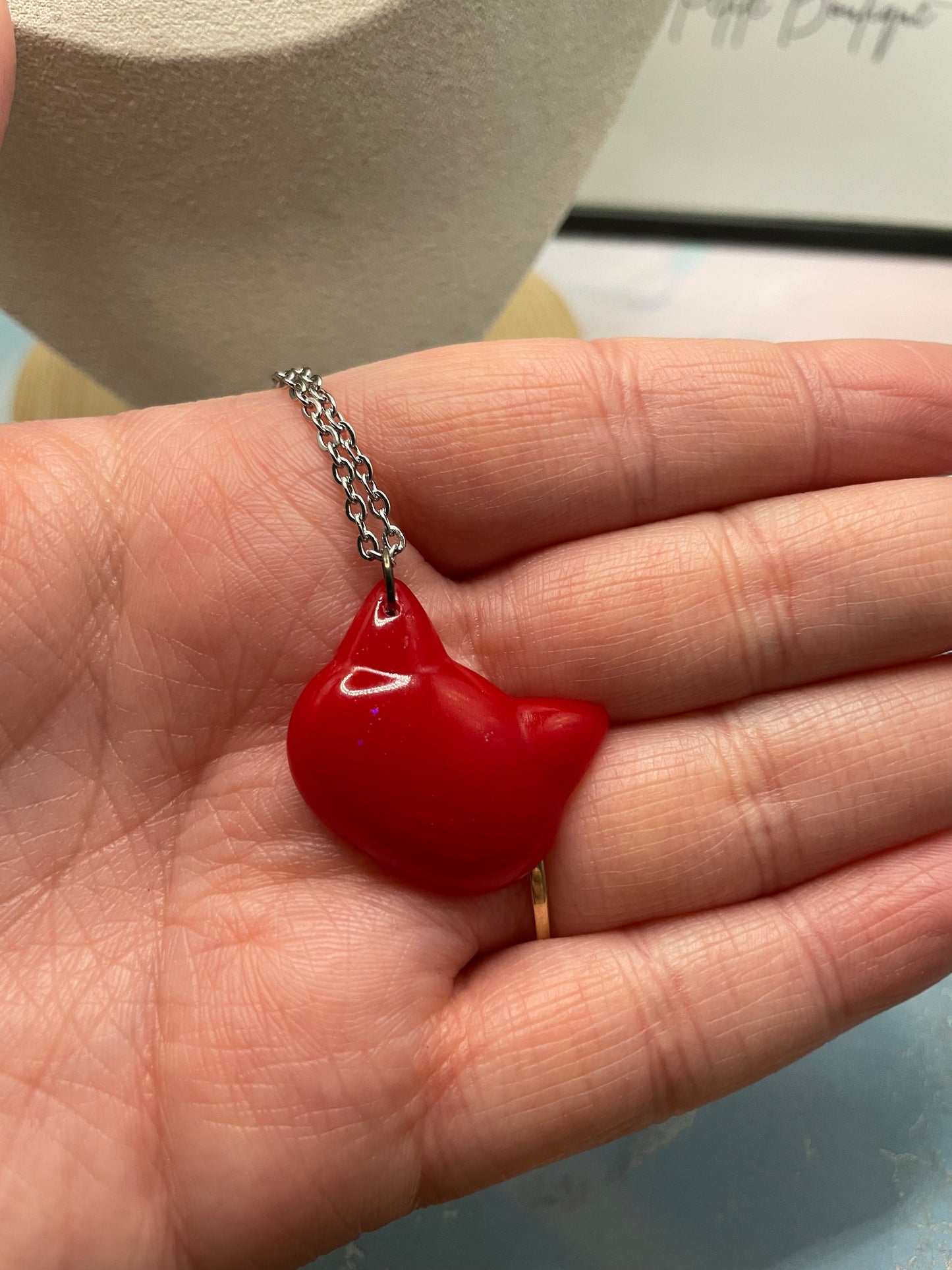 Red Cat Face Necklace- 18''NICKEL FREE+STAINLESS STEEL