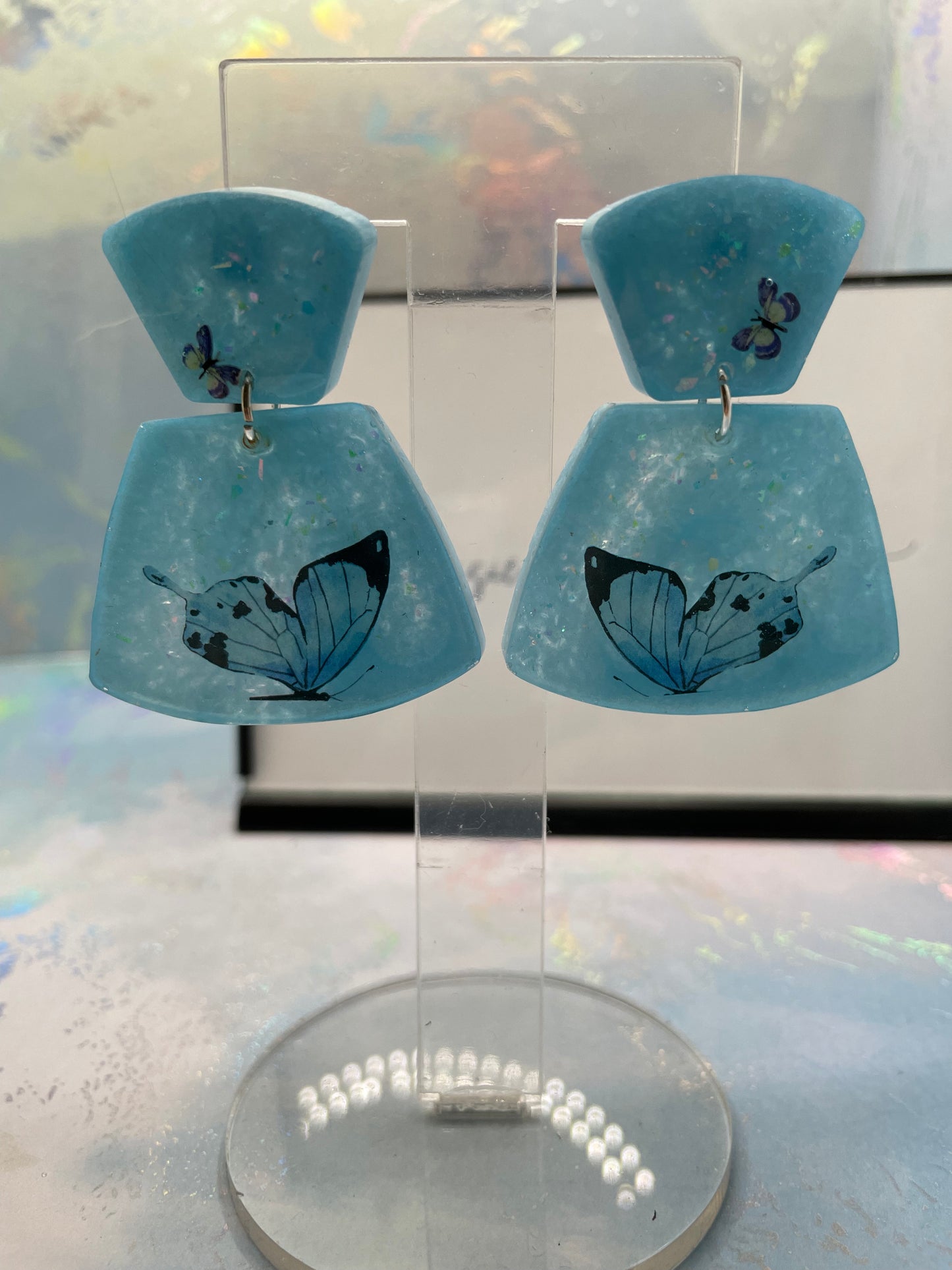 Boucles d'oreilles papillon bleu dans trapèze - Sans Nickel