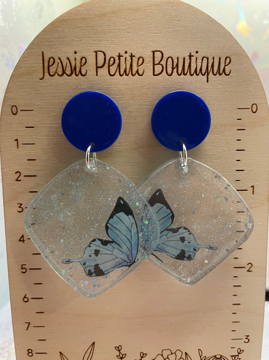 Sparkly Blue Butterfly Earrings With Blue Stud – Nickel Free