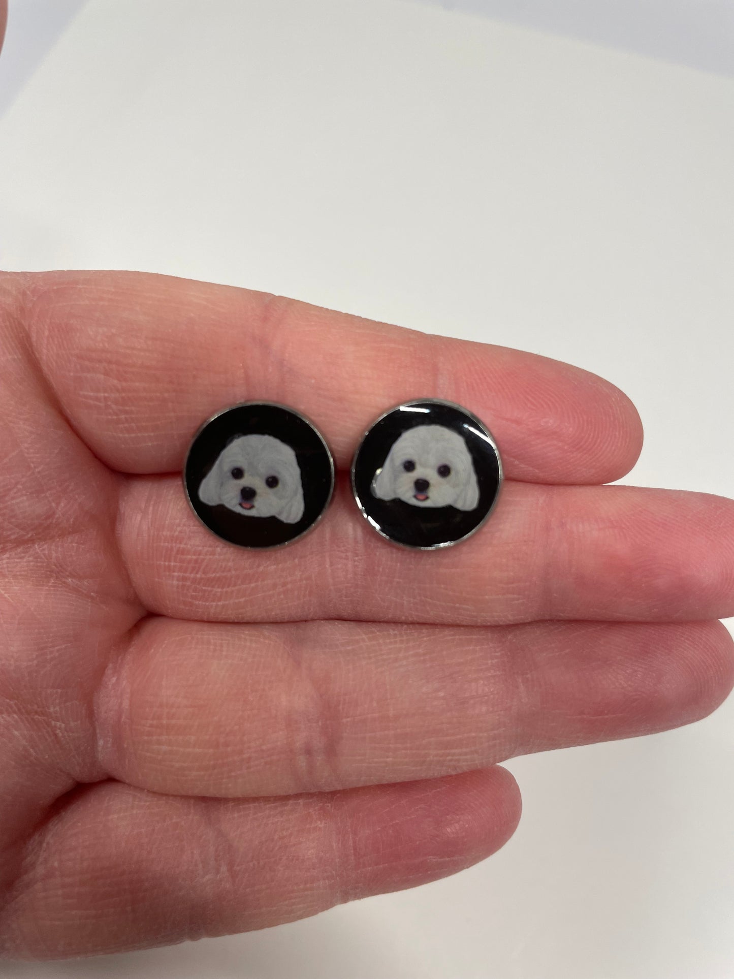 Boutons d'oreille portrait chien blanc-Sans Nickel+Acier Inoxydable