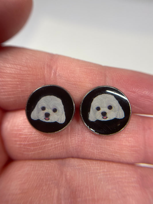 Boutons d'oreille portrait chien blanc-Sans Nickel+Acier Inoxydable