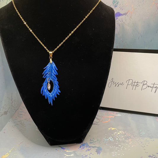 Collier Plume Bleue+Zirconia - 27'' Sans Nickel