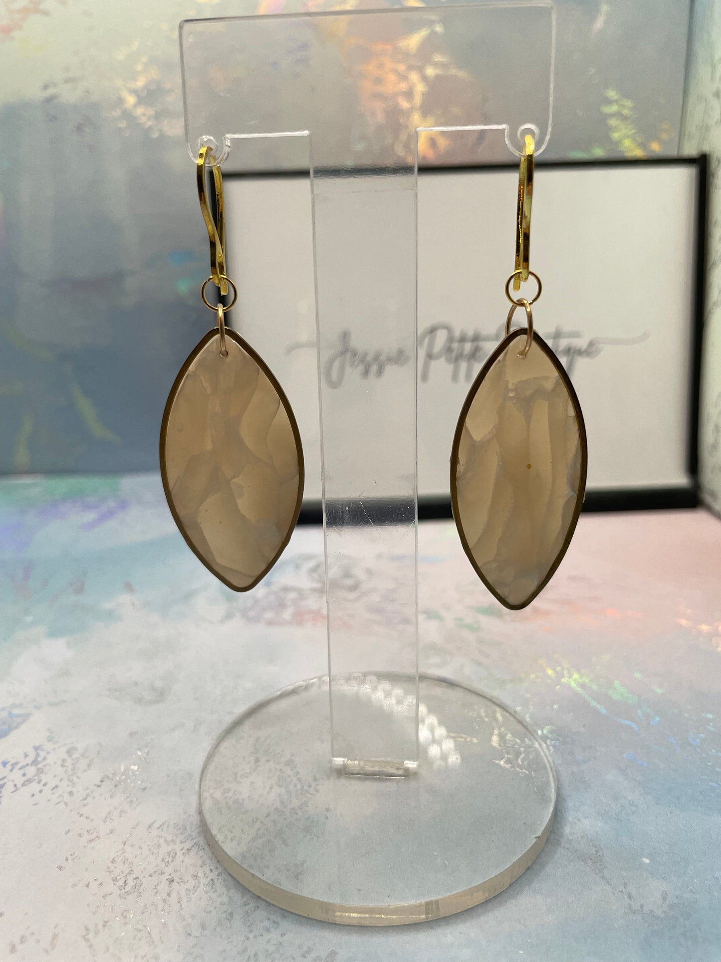 Boucles d'oreilles longues en marbre beige - Acier inoxydable