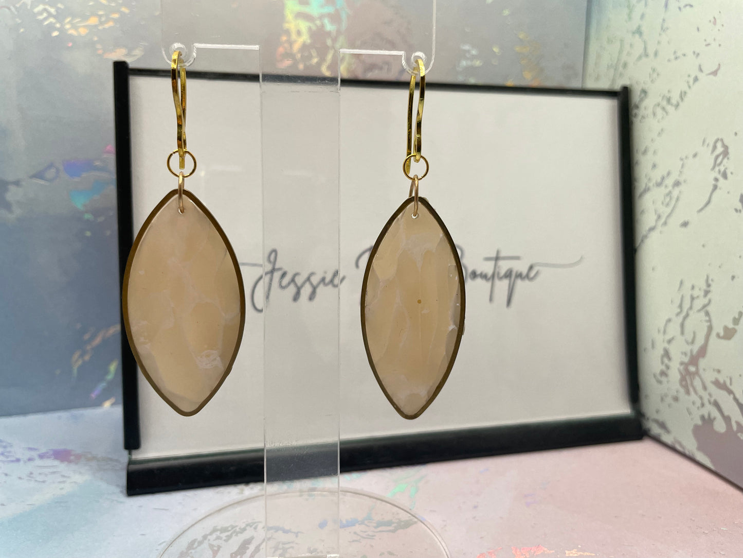 Boucles d'oreilles longues en marbre beige - Acier inoxydable
