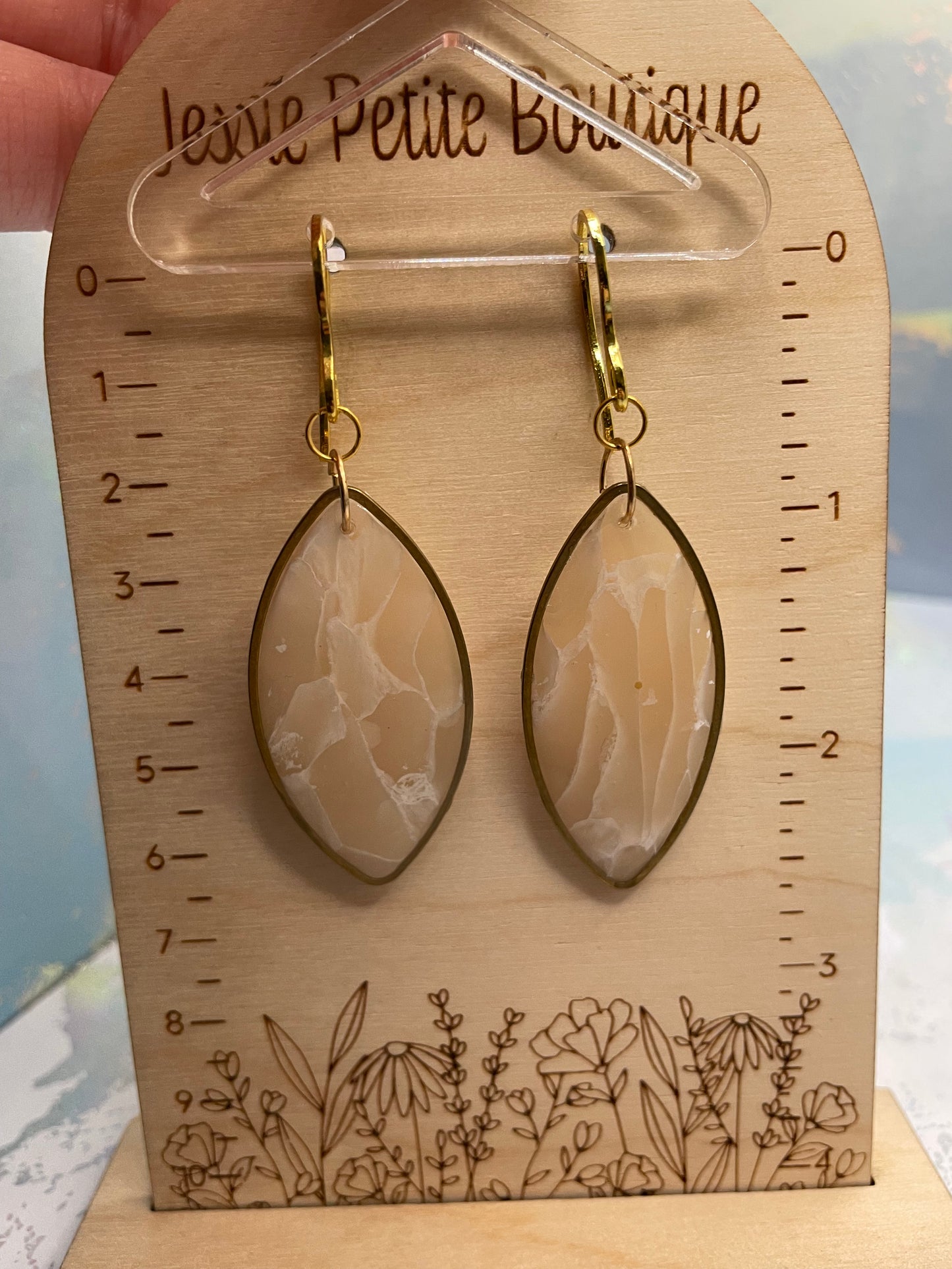Boucles d'oreilles longues en marbre beige - Acier inoxydable