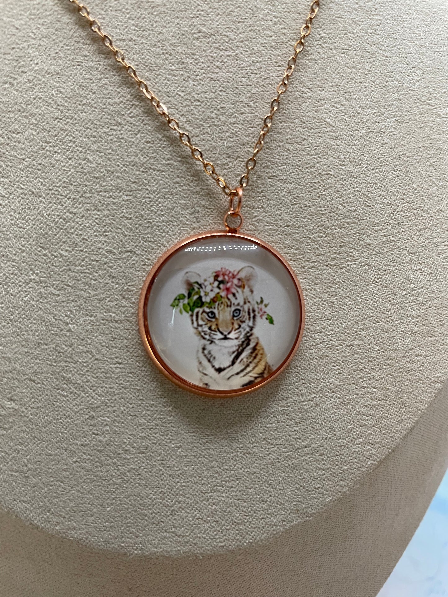 Collier Cabochon Portrait Animaux Couronne Floral -Acier Inoxydable
