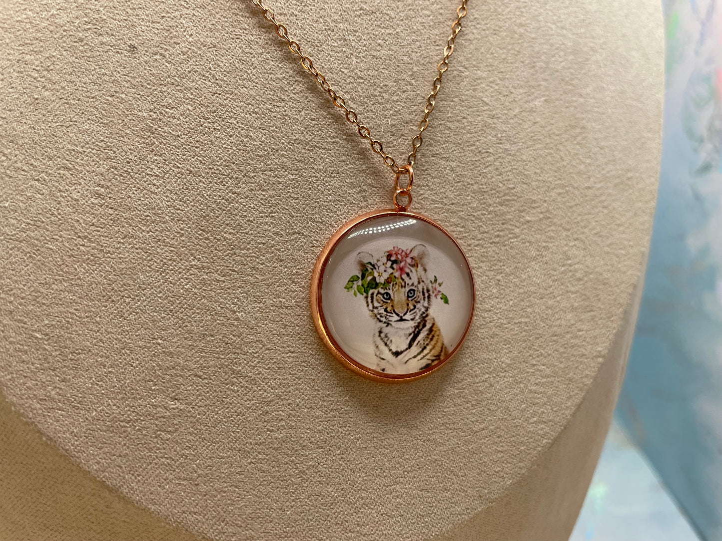 Collier Cabochon Portrait Animaux Couronne Floral -Acier Inoxydable