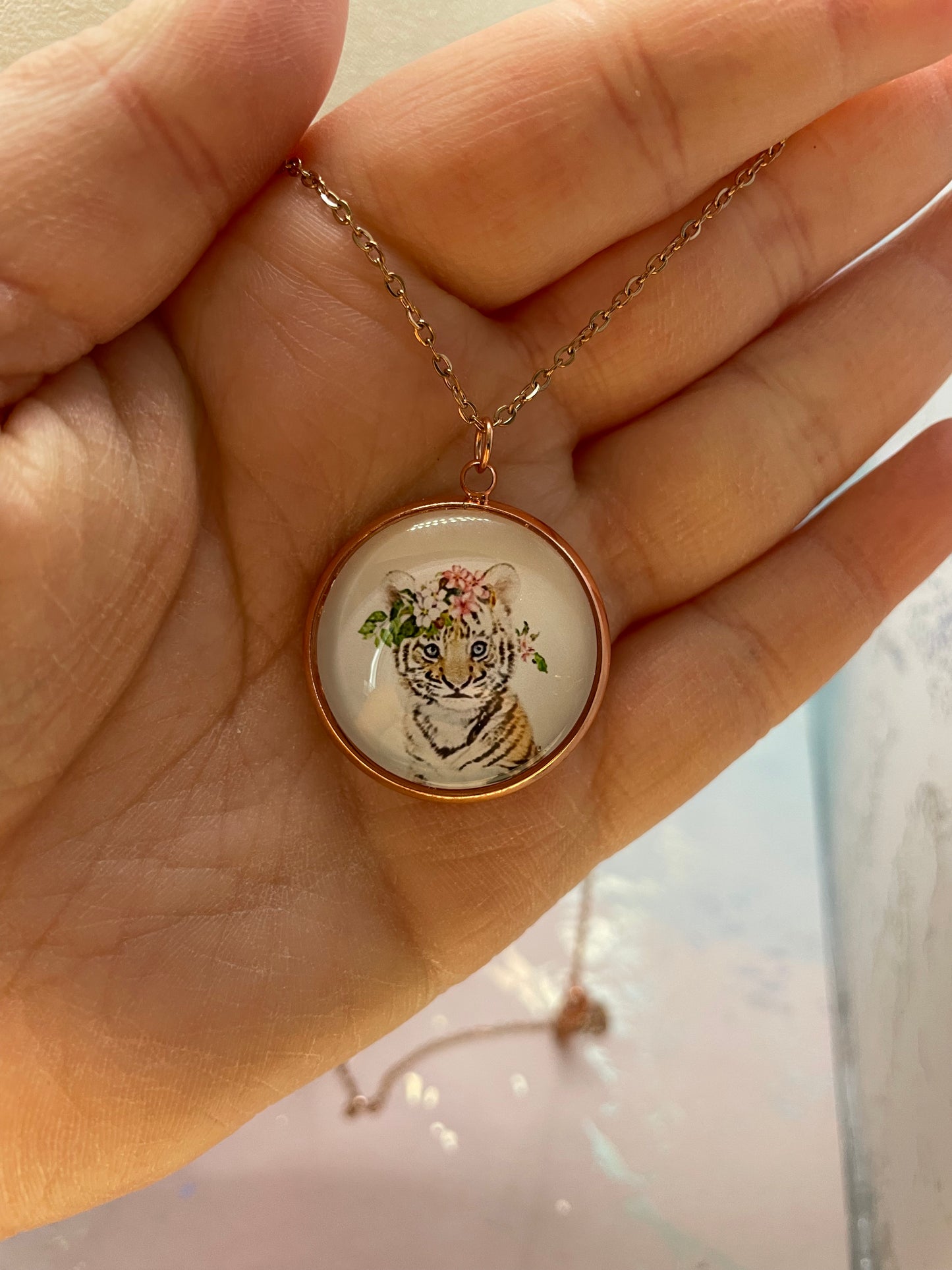 Collier Cabochon Portrait Animaux Couronne Floral -Acier Inoxydable