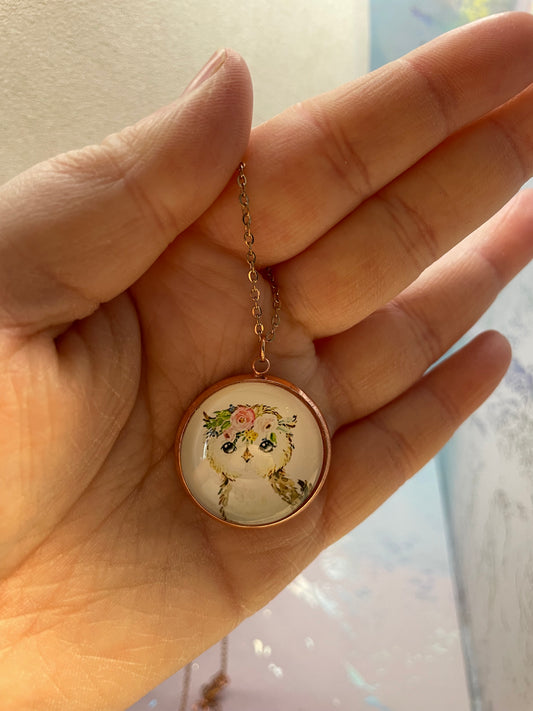 Collier Cabochon Portrait Animaux Couronne Floral -Cabochon Or Rose