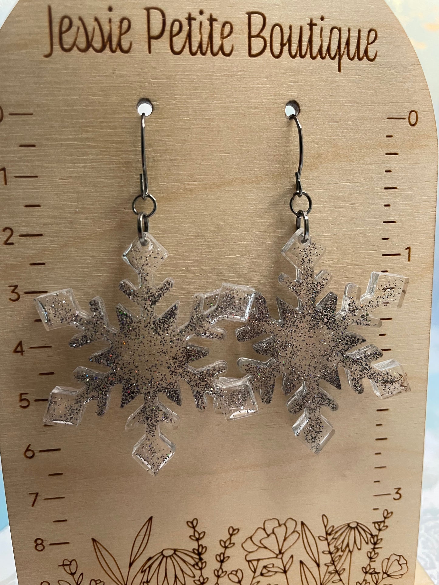 Boucles d'oreilles flocon de neige gris scintillant