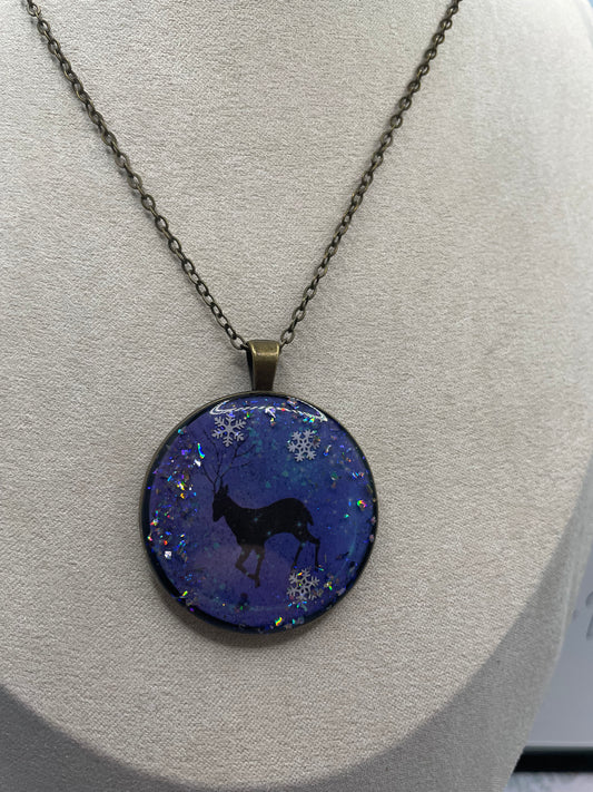 Winter Night Deer Pendant Necklace-25 bronze chain