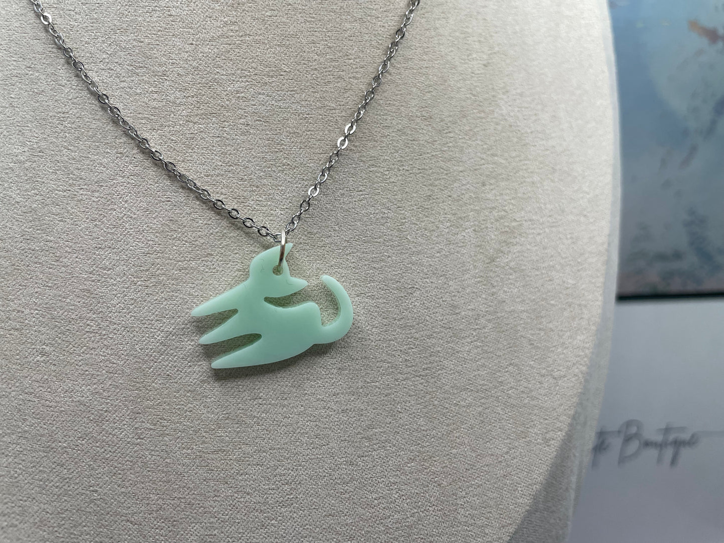 Tiffany Green Cat Pendant 19''Silver chain-NICKEL FREE+STAINLESS STEEL