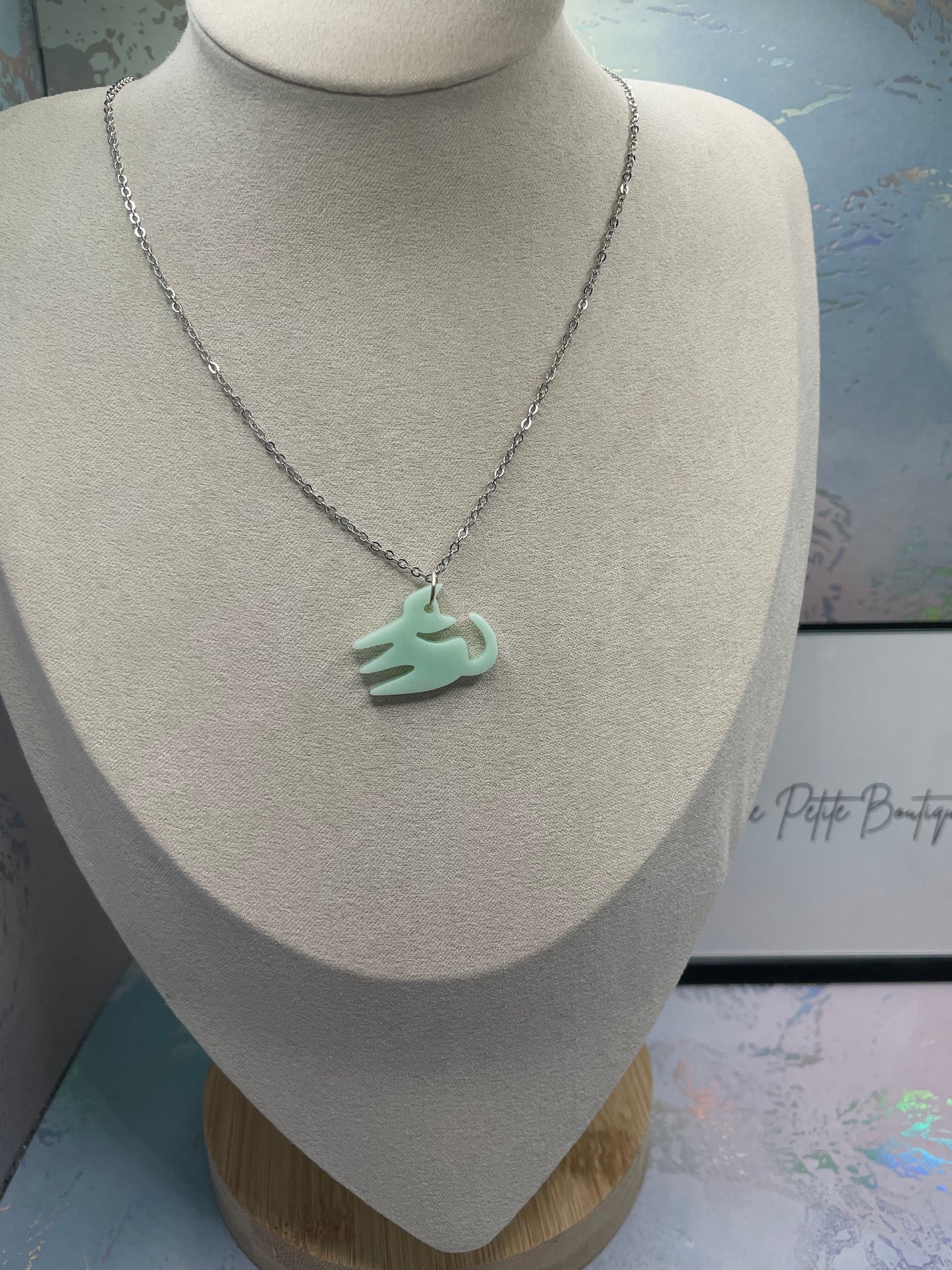 Tiffany Green Cat Pendant 19''Silver chain-NICKEL FREE+STAINLESS STEEL