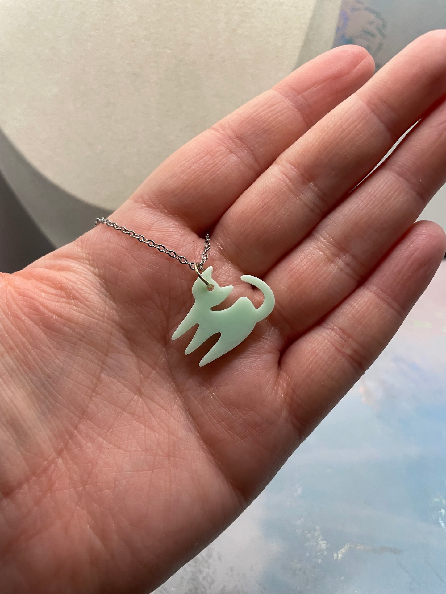 Tiffany Green Cat Pendant 19''Silver chain-NICKEL FREE+STAINLESS STEEL