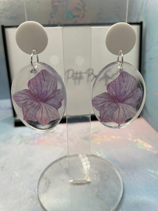 Purple Flower In Resin Oval Earrings – Nickel Free