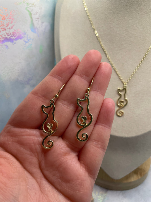 Elegant Cat with Heart Gold Set-NICKEL FREE
