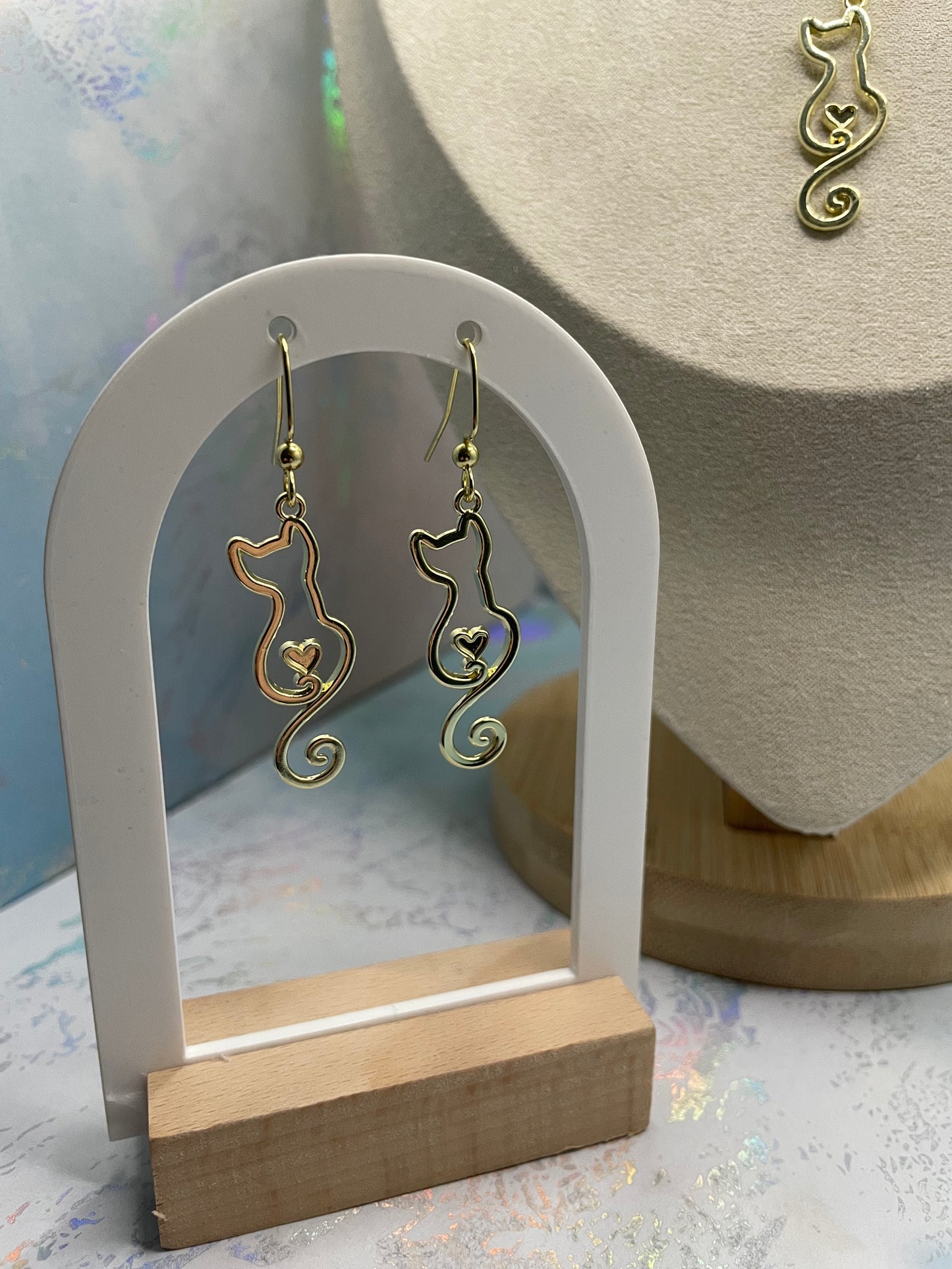 Elegant Cat with Heart Gold Set-NICKEL FREE