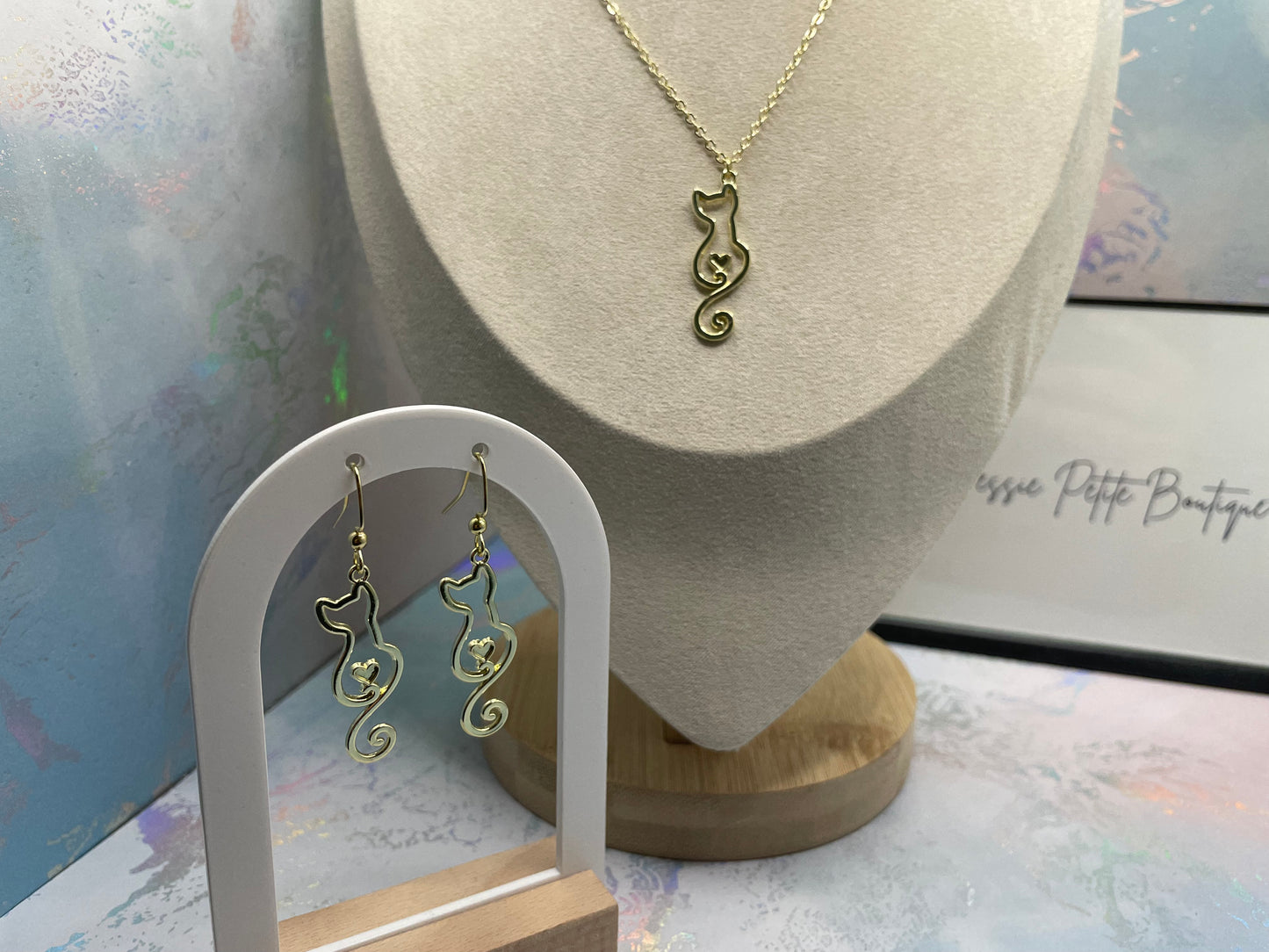 Elegant Cat with Heart Gold Set-NICKEL FREE