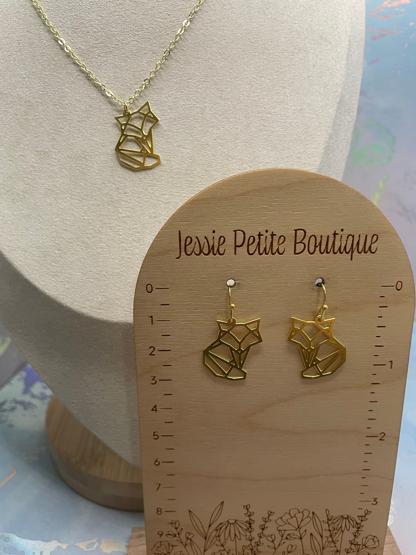 Yellow Gold Geometric Fox Necklace & Earrings