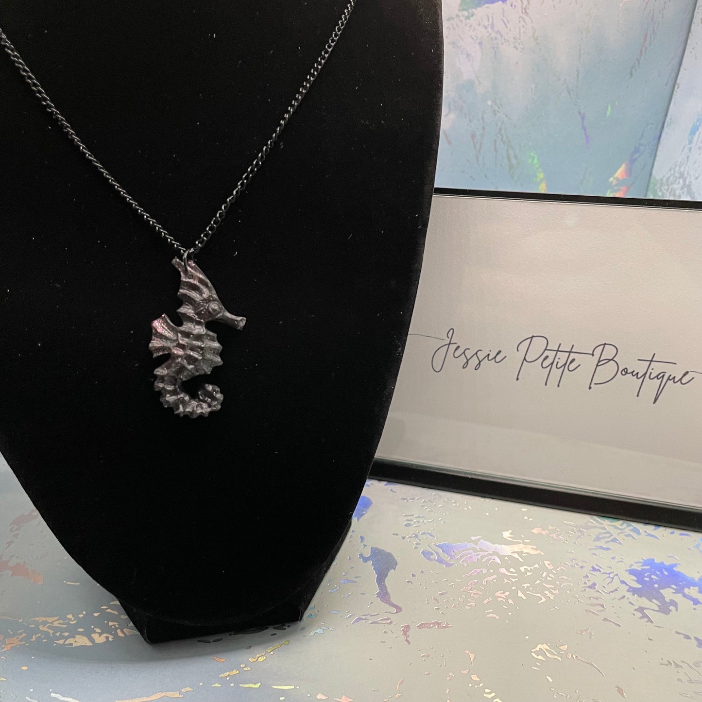 Black Seahorse Necklace-22'' Black Chain