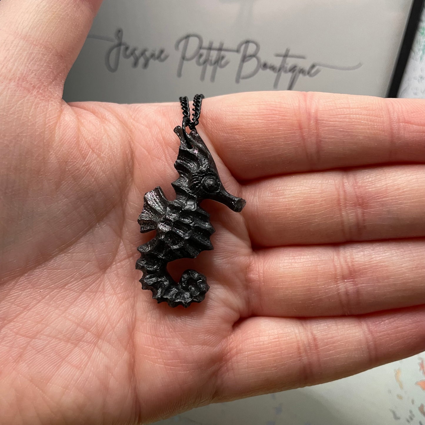 Black Seahorse Necklace-22'' Black Chain