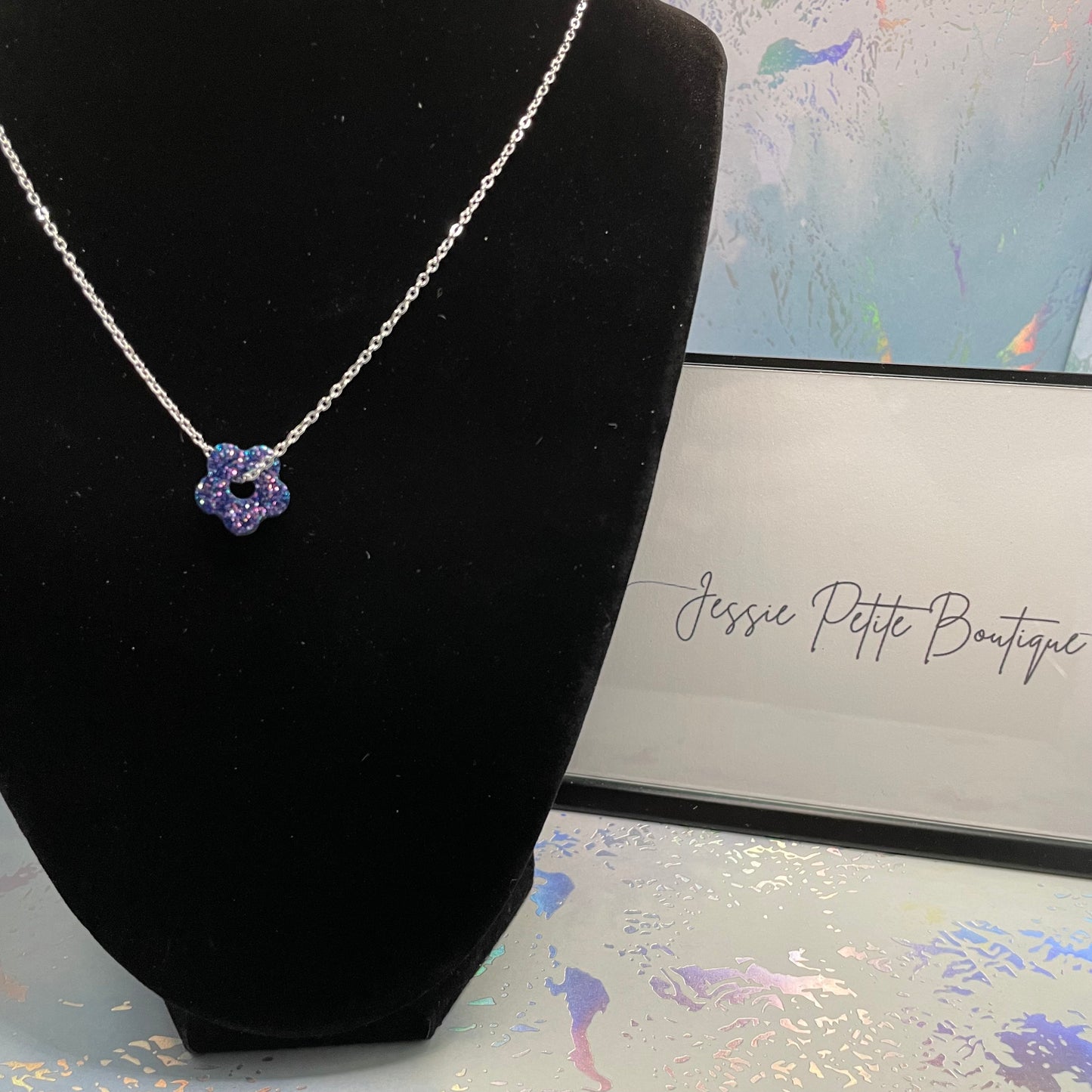 Sparkly Purple Tiny Flower Necklace - 21''- Nickel Free
