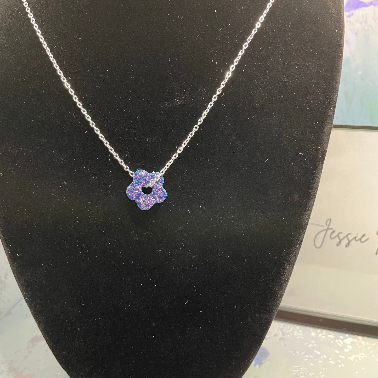 Sparkly Purple Tiny Flower Necklace - 21''- Nickel Free