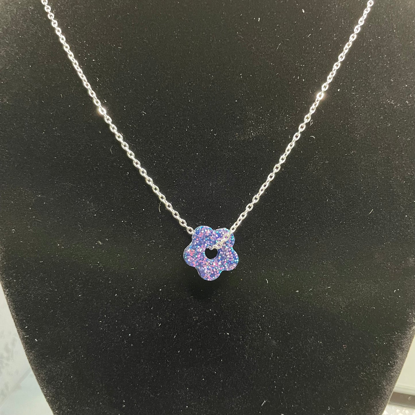 Sparkly Purple Tiny Flower Necklace - 21''- Nickel Free