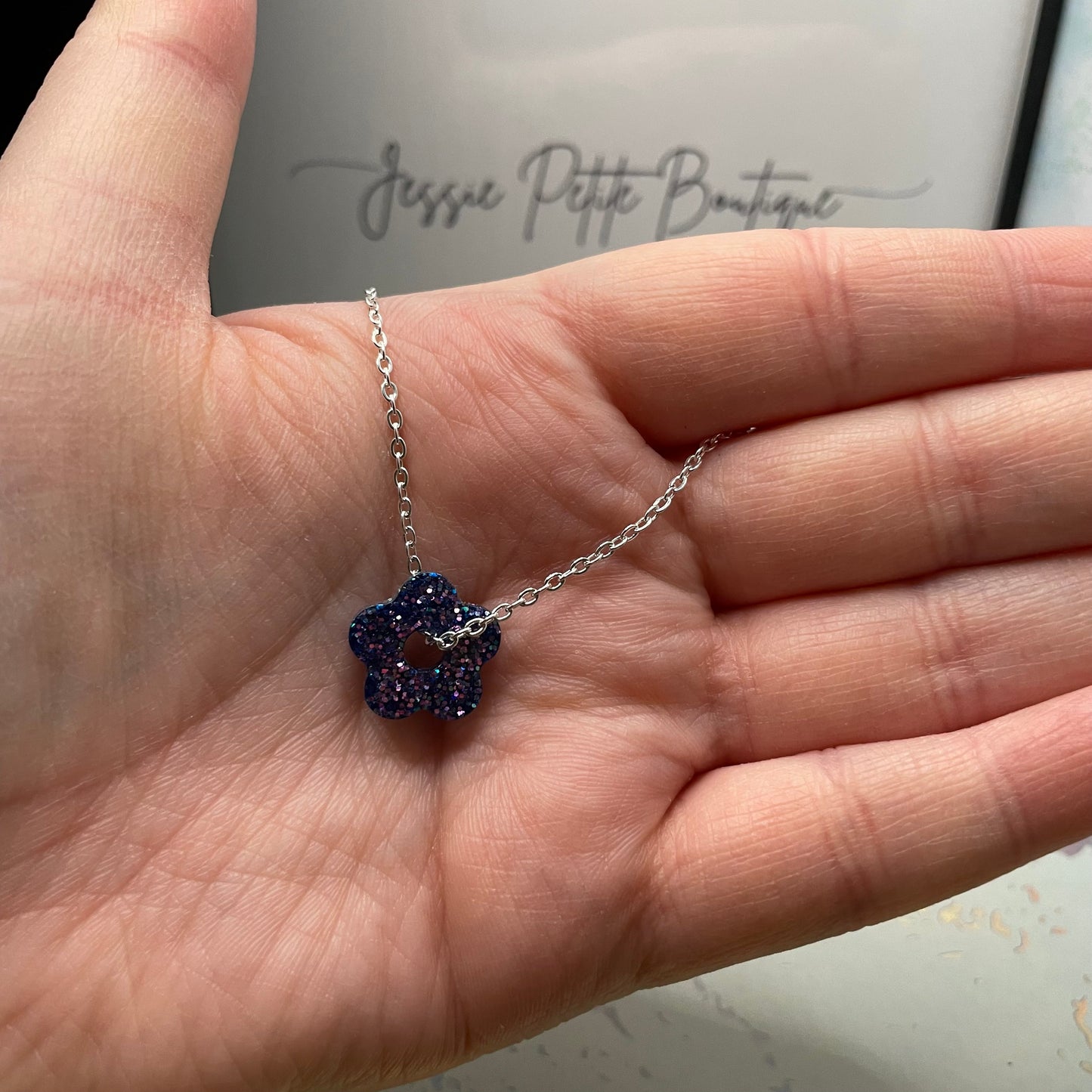 Sparkly Purple Tiny Flower Necklace - 21''- Nickel Free