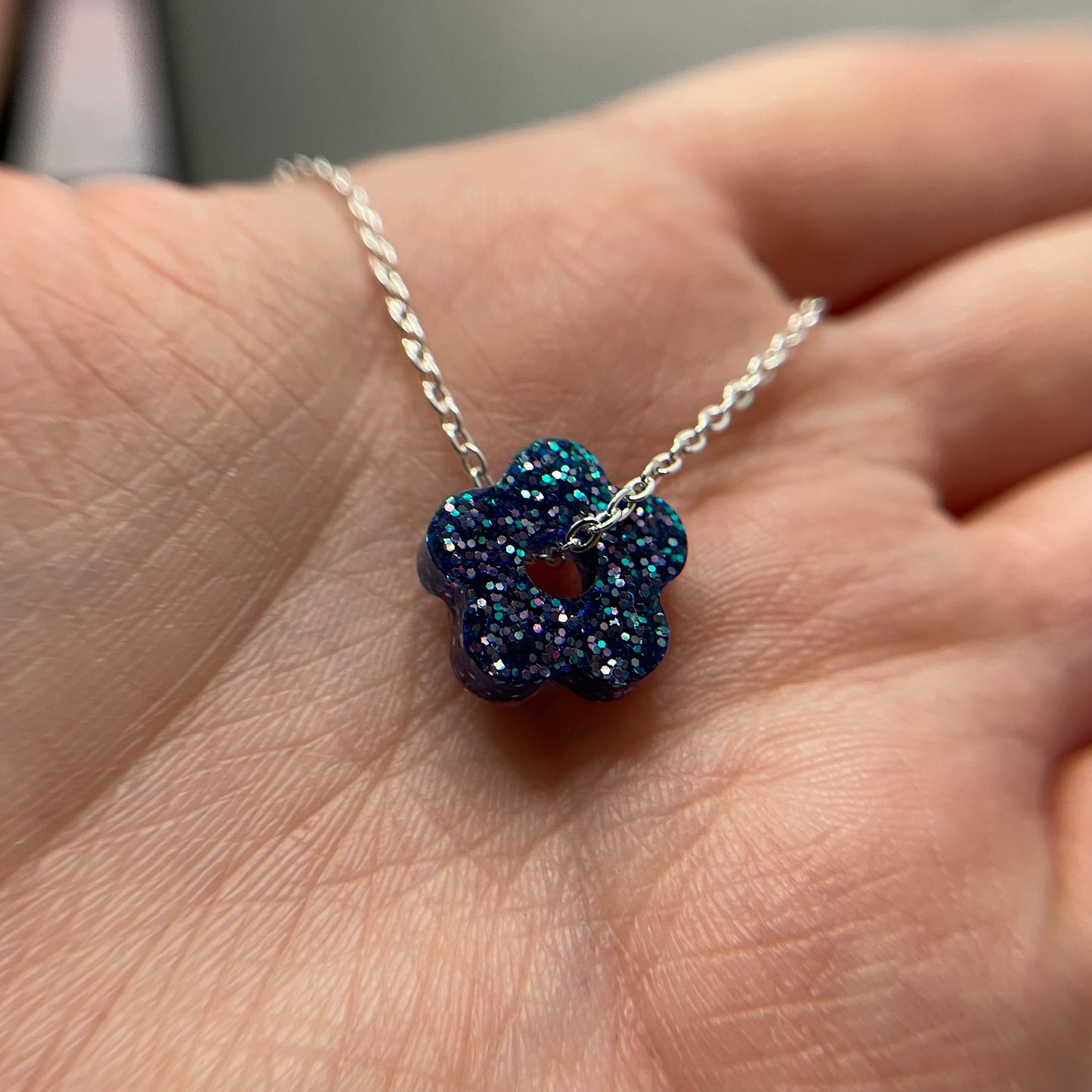 Sparkly Purple Tiny Flower Necklace - 21''- Nickel Free