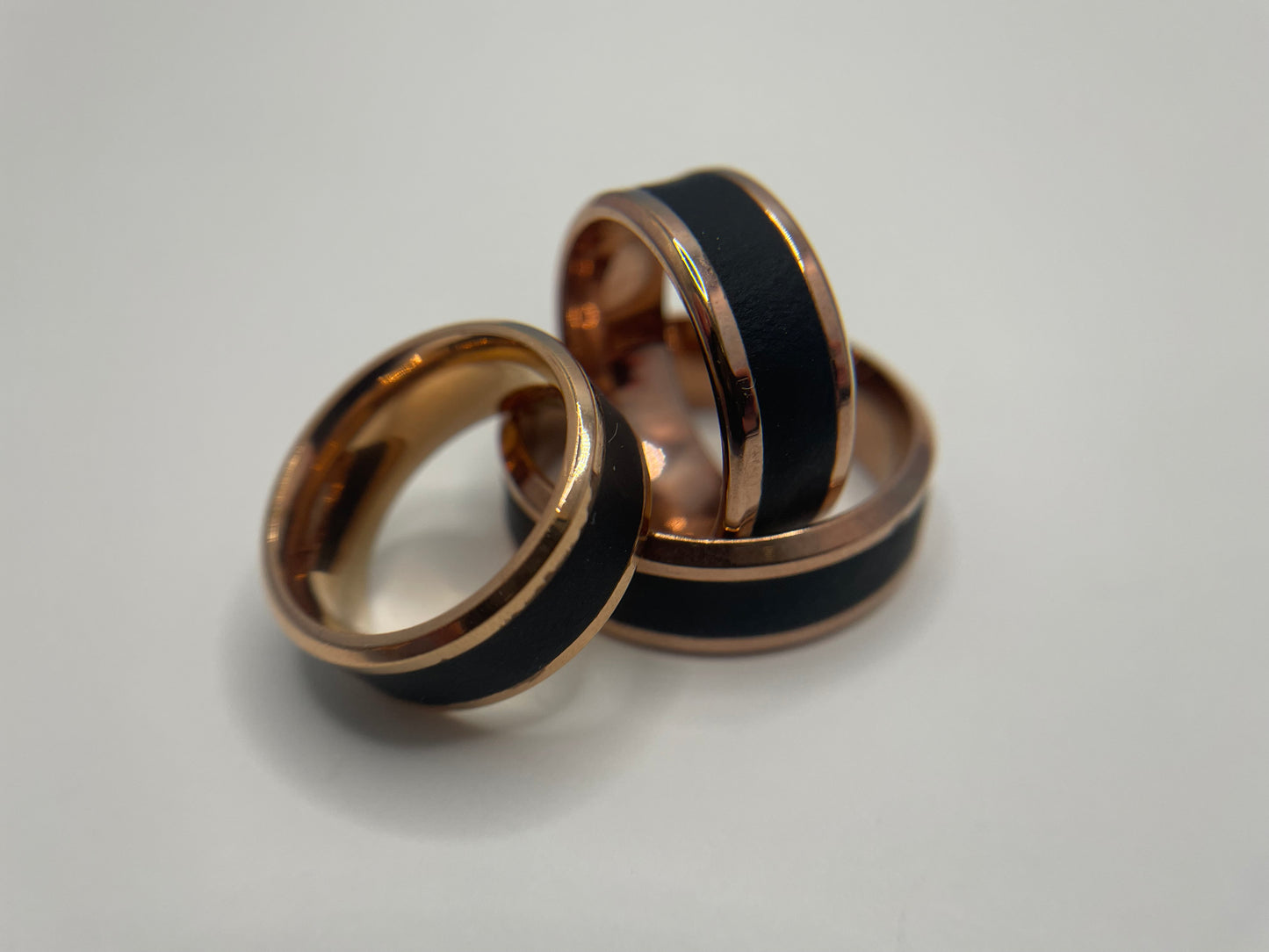 Rose Gold Stainless Steel Ring with Black Polymer Clay Inlay