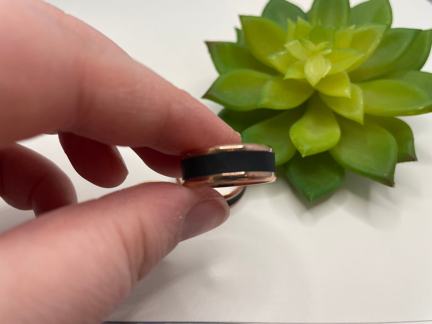 Rose Gold Stainless Steel Ring with Black Polymer Clay Inlay