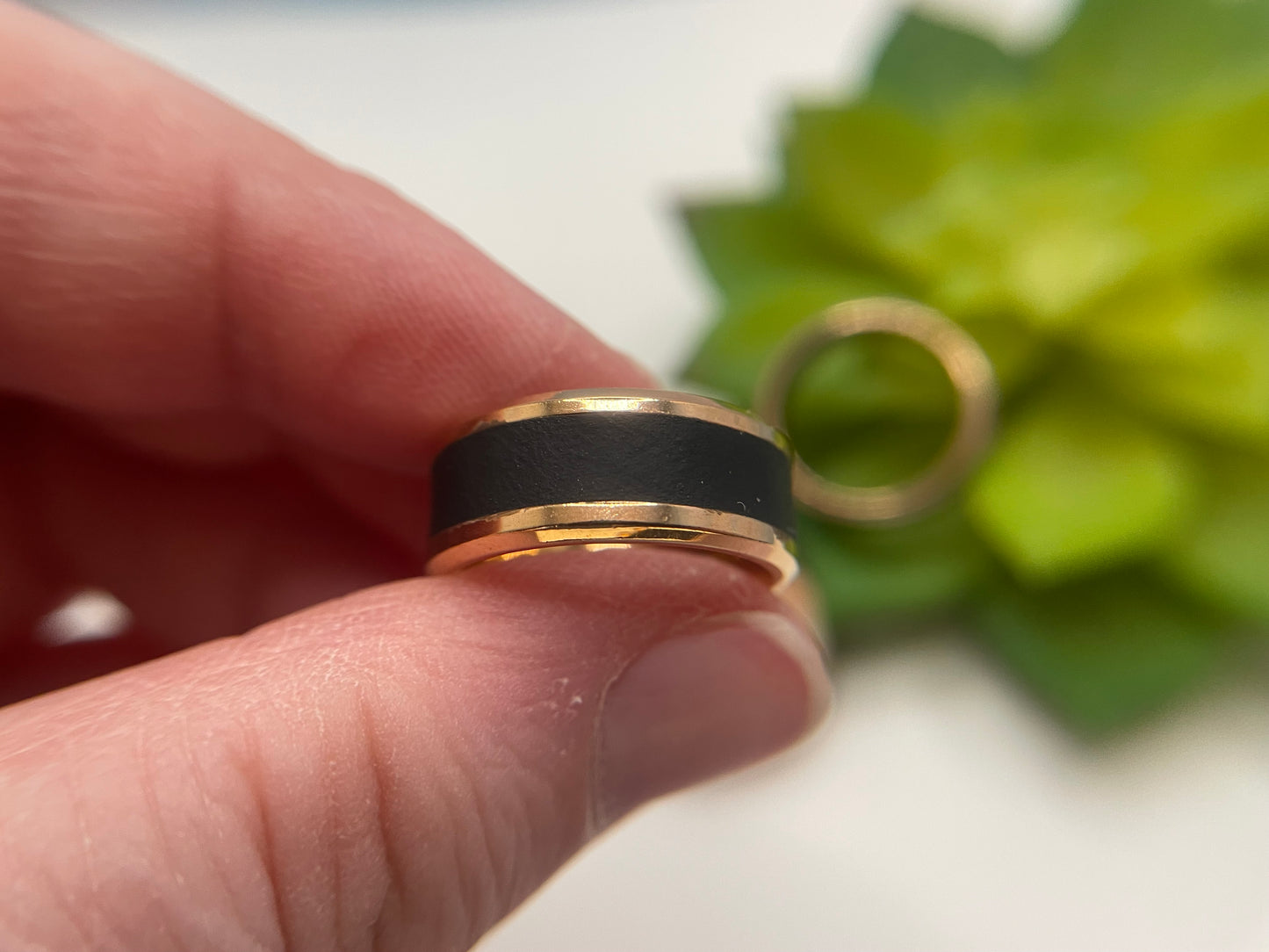 Rose Gold Stainless Steel Ring with Black Polymer Clay Inlay