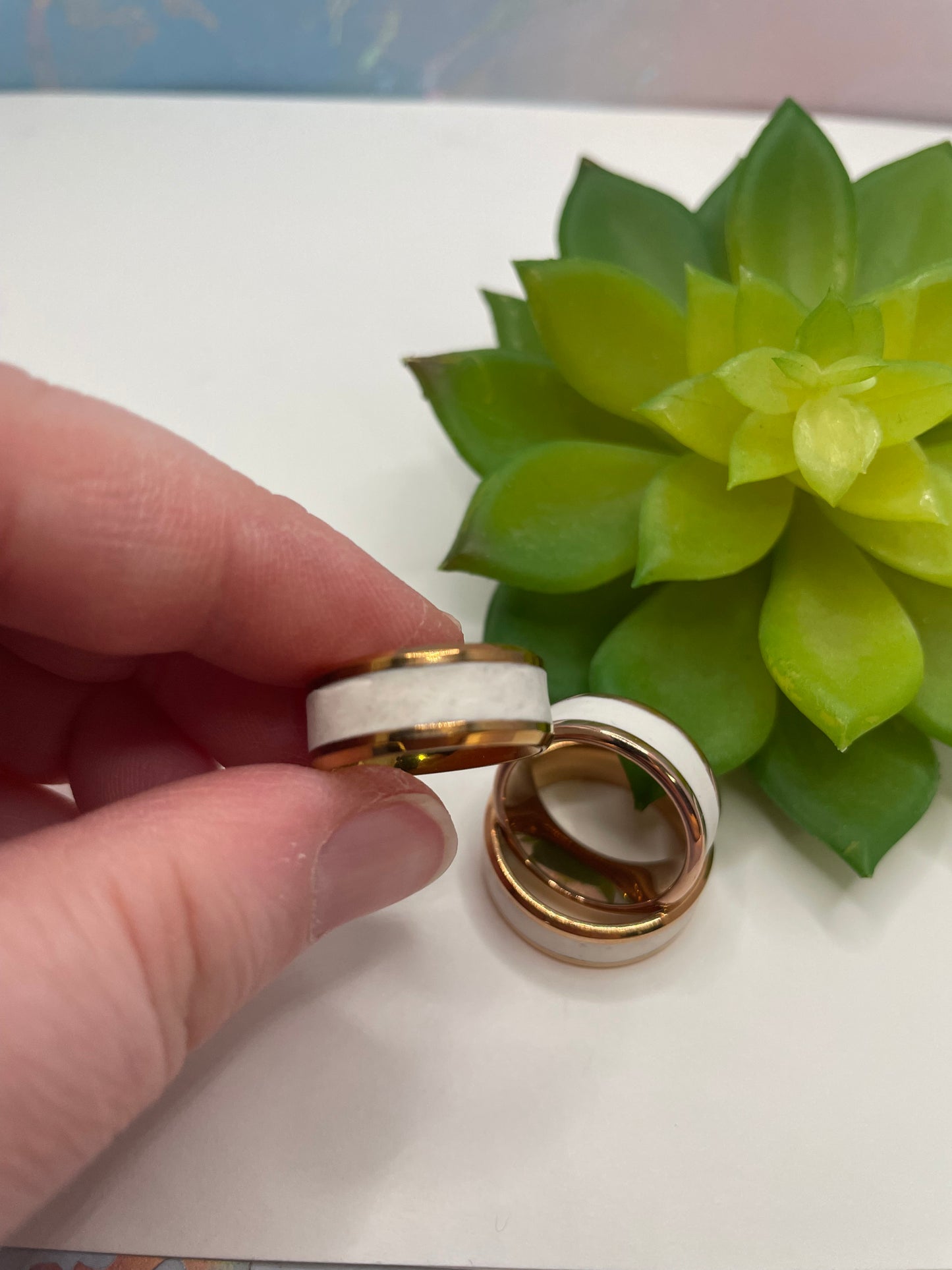 Stainless Steel Ring with White Polymer Clay Inlay – Rose Gold Finish